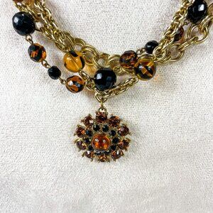 Graziano 3 strand  Amber Tortoise Shell Beaded Necklace Rhinestone Pendant
